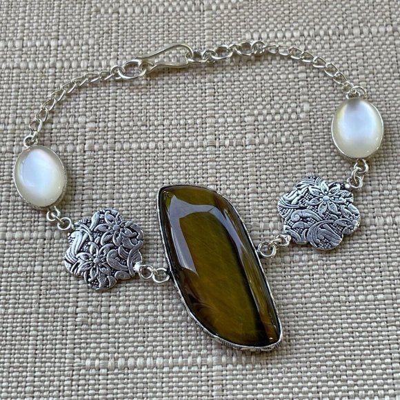 Handmade Tiger Eye Stone Bracelet Silver plated Wrist Band Wrist Jewelry New - Picture 7 of 8